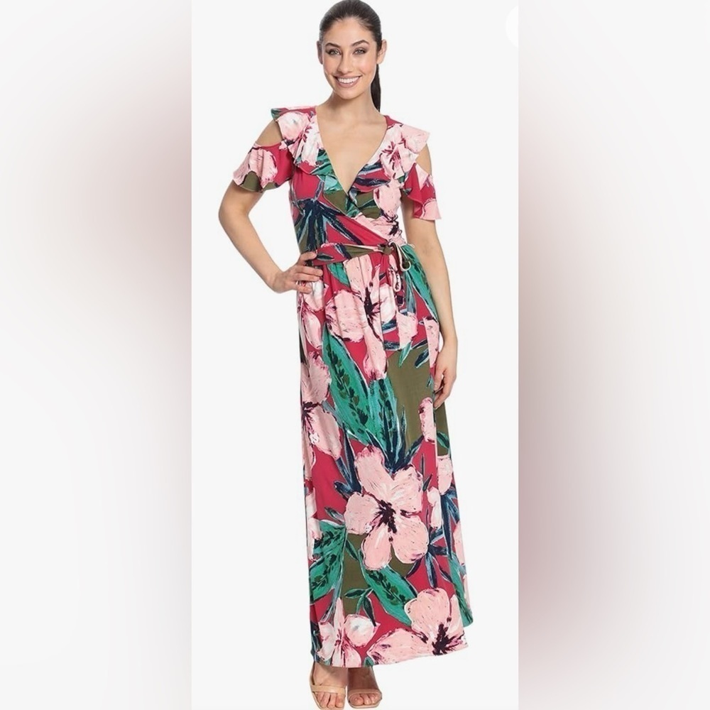 NWT Maggy London Ruffle V-Neck Floral Print Maxi Dress Cold Shoulder Size 4P